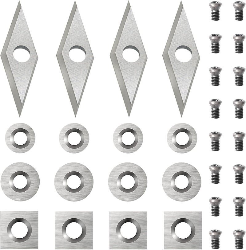 Diraeen 32pcs Carbide Lathe Tools,Tungsten Cutters Inserts Set for Wood Lathe Turning Tools, Include 11 mm Square with Radius, 12 mm and 8.9 mm Round, 30 x 10 mm Diamond,Screws - Image 1
